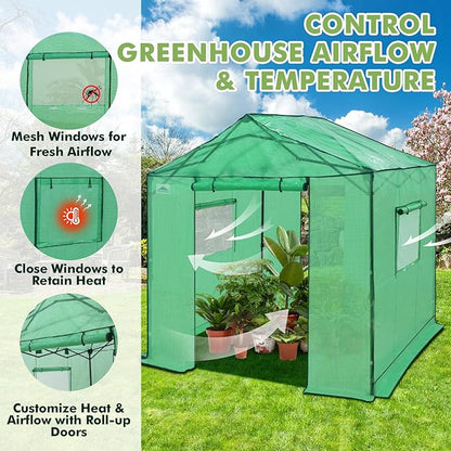 EAGLE PEAK 8x8 Portable Pop Up Greenhouse, Patented Center Lock Easy One Person Setup, Walk-in Outdoor Greenhouse with Gable Roof, Weight Bags, Zippered Doors & Windows, Green