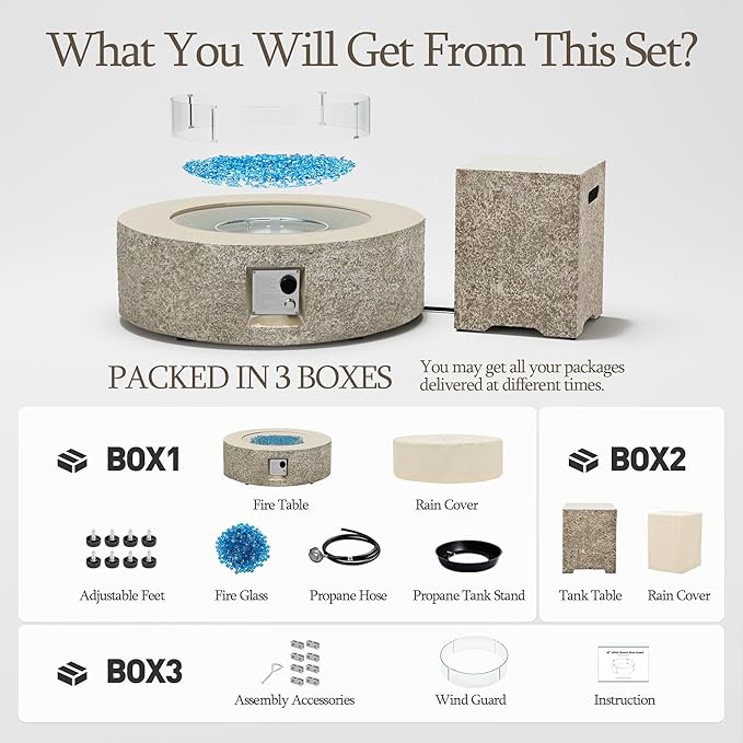 UPHA 42-inch Outdoor Propane Gas Fire Pit Table 50000 BTU Concrete Rectangle FirePit for Outside Patio with Propane Tank Cover, Wind Guad, Blue Glass Rocks, Rain Cover, Beige Texture