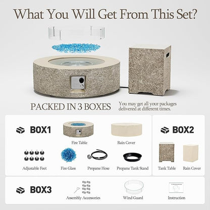 UPHA 42-inch Outdoor Propane Gas Fire Pit Table 50000 BTU Concrete Rectangle FirePit for Outside Patio with Propane Tank Cover, Wind Guad, Blue Glass Rocks, Rain Cover, Beige Texture