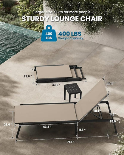 Foldable Pool Lounge Chairs, Aluminum Chaise Lounge Outdoor with 5 Positions Recliner - Free Assembly - Patio Lounge Chair for Poolside, Beach (Khaki)