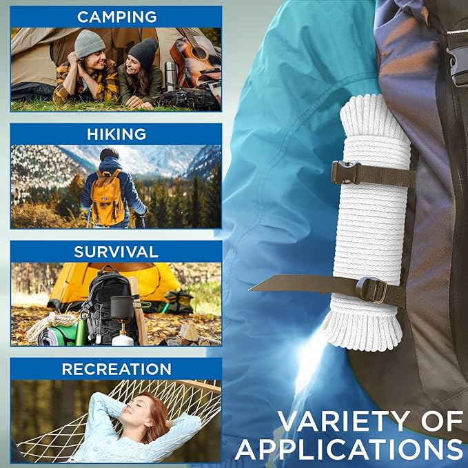 TECEUM Cotton Rope 3/16” (5 mm) – 200 FT – Strong All-Purpose Braided Rope – Natural Cotton – for Crafting, Сamping, Clothes Line, DIY, Indoor & Outdoor Use – White