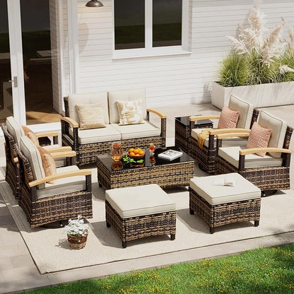 MEISSALIVVE 10 Pieces Outdoor Patio Furniture Sets,PE Wicker Patio Conversation Sets with 4 Wood Armrests Swivel Rocker Chairs，2-seat Sofa and Coffee Table(Brown)