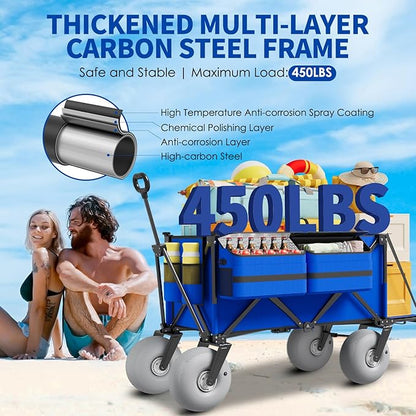 Beach Wagon with Big Wheels for Sand - 450lbs Load Heavy Duty Wagons Carts Foldable with 9" All Terrain Inflatable Tires, Collapsible Beach Cart for Grocery Shopping Garden Sports Camping Outdoor