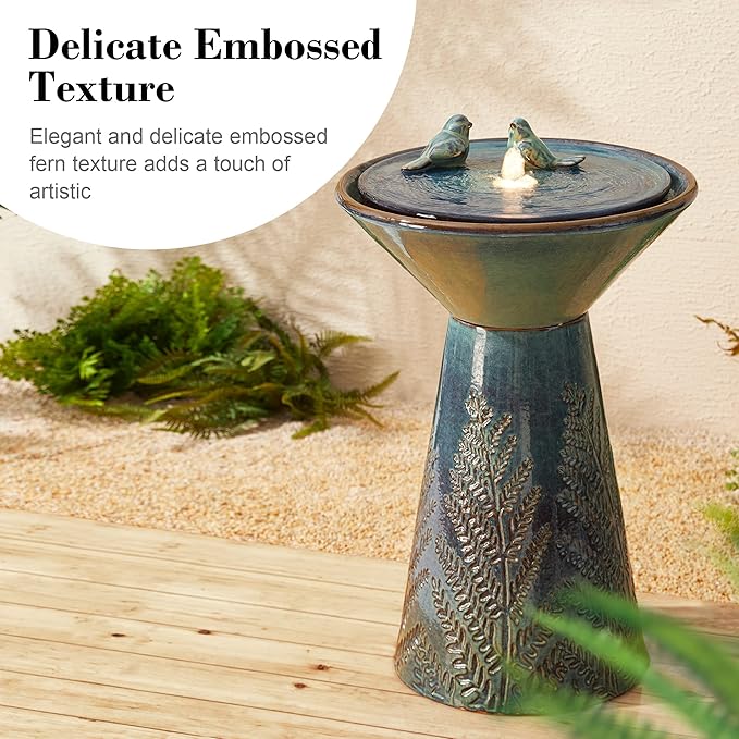 Glitzhome 27.5" H Outdoor Garden Water Fountain with LED Light and Pump, Turquoise Two Birds Embossed Pattern Pedestal Ceramic Floor-Standing Water Fountain for Yard Floor Patio Backyard