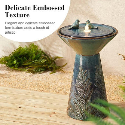 Glitzhome 27.5" H Outdoor Garden Water Fountain with LED Light and Pump, Turquoise Two Birds Embossed Pattern Pedestal Ceramic Floor-Standing Water Fountain for Yard Floor Patio Backyard