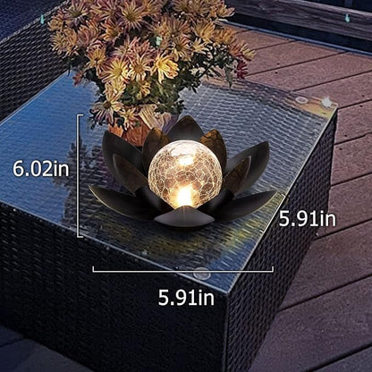 Huaxu Solar Lights Outdoor Garden Decor Metal Black Lotus Decoration, Crackle Globe Glass Waterproof LED Outside Table Lamp for Patio,Lawn, Yard,Walkway,Tabletop,Ground Gifts for Mom