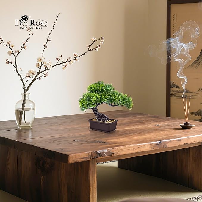 Der Rose 8'' Artificial Bonsai Tree Small Fake Potted Plants for Zen Japanese Home Office Desk Bathroom Shelf Decor (Pine)