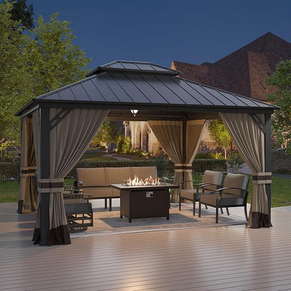 12'x14' Hardtop Gazebo,Outdoor Galvanized Steel Metal Double Roof Gazebo with Curtains and Netting for Patios,Gardens,Lawns,Sand