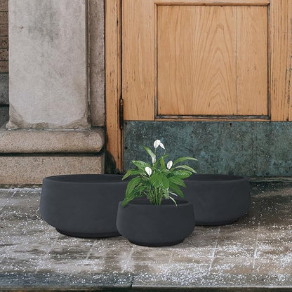 Kante 21.6",16.9",and 12.5" Dia Round Charcoal Elegant Planters (Set of 3), Outdoor Indoor Garden Plant Pot with Drainage Hole and Rubber Plug for Home & Patio