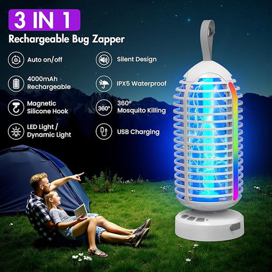 Bug Zapper Outdoor with Colorful Lighting and Auto-Sensing, 3 in 1 Cordless 4000mAh Battery Electric Fly Trap, Rechargeable Mosquito Zapper for Camping, Patios, Garden, Kitchen (2Pack-White)
