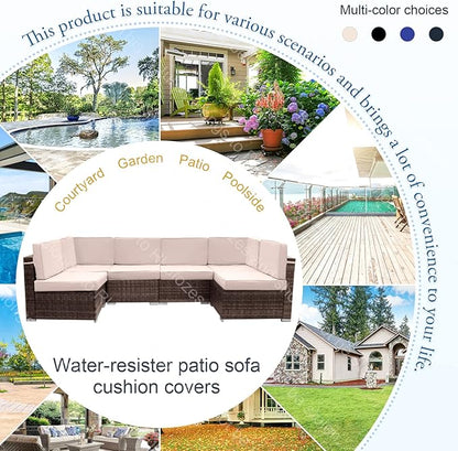 14 PCs Patio Cushion Covers for 7 PCs Outdoor Furniture Sectional Seating Sets Water Resistant Plus 2 Throw Pillows (Khaki, 24.8(L)*24.8(W)*3.14(T) inches)