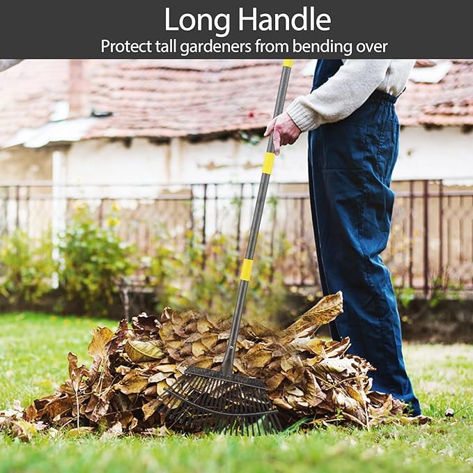 Collapsible Rake for Leaves, 30-66 inch Metal Leaf Rakes for Lawns Heavy Duty Extended Handle, 25 Tines 18" Wide Rake Garden Tools for Camping, Yard, Landscape, Pine Needle and Grass
