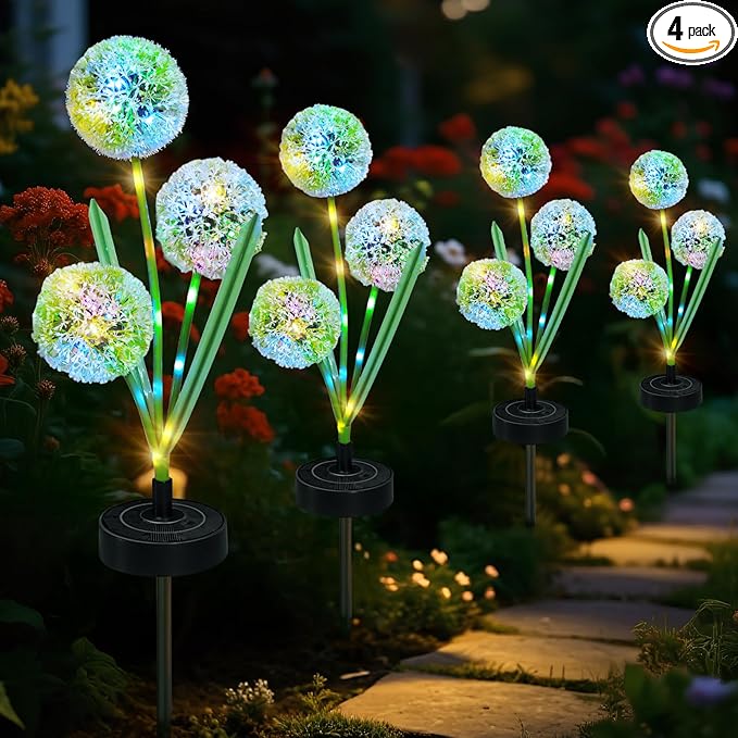 Solar Flowers Lights - Upgraded Outdoor Dandelion Flowers Lights, 7-Color Changing & Waterproof Outdoor Solar Lights for Garden, Patio, Backyard,Party and Office (Dandelion, 4)