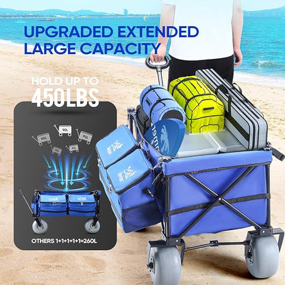 Beach Wagon with Big Wheels for Sand, 9" All-Terrain Balloon Wheels, Heavy Duty Folding Beach Cart 450lb Load, 260L Large Capacity Utility Wagon for Outdoor Sports (Dark Blue)