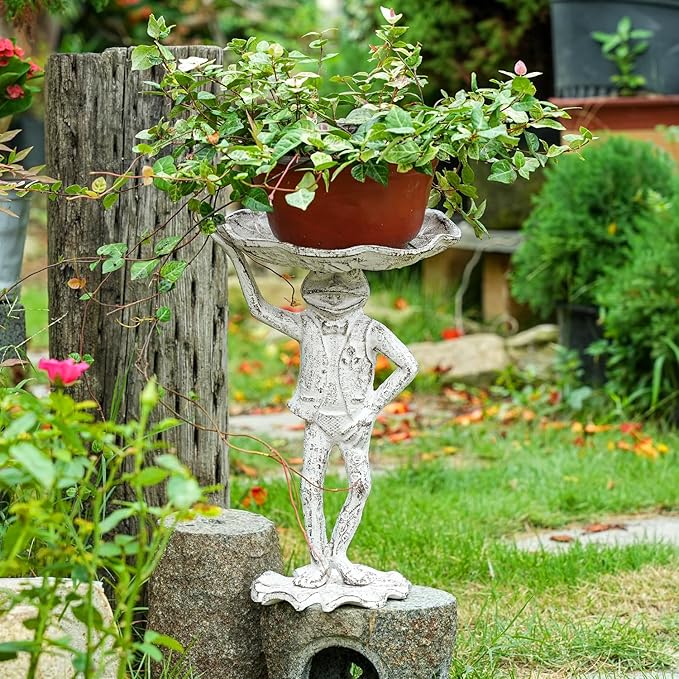 Sungmor Cast Iron Frog Bird Feeder, Garden Frog Statue Holding Leaf Outdoor Small Bird Bath Bowl, Indoor Candy Dish, Patio Tabletop Decoration