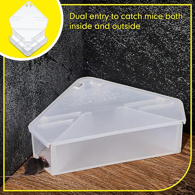 Qualirey 24 Pcs Mice Station with Key Triangle Bait Station Reusable Rodent Trap Bait Box, Keeps Children and Pets Safe Indoor & Outdoor, Bait Not Included, Suitable for Small Mice (Translucent)