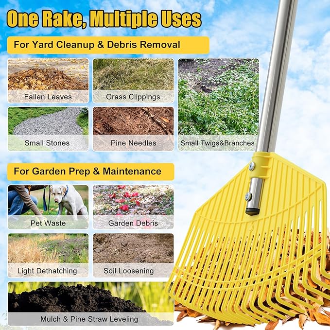 Plastic Leaf Rake for Lawns - Non-Clog, Heavy-Duty 16.5'' Wide Yard & Garden Rake for Leaves, Grass, Pine Needles, 1'' Stainless Steel Adjustable Handle, Easy Use for Women,Seniors,Kids