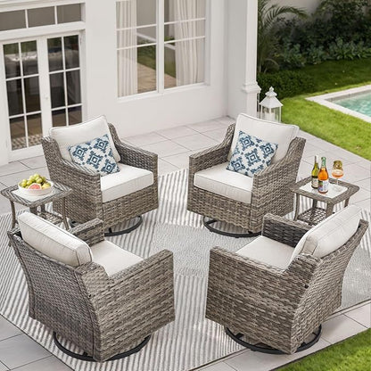 Patio Furniture Set, 6 Pieces Outdoor Wicker Rattan Sofa Couch with Swivel Rocking Chair,Side Table and Comfy Cushions, All Weather Patio Conversation Sets, Suit for Porch Deck