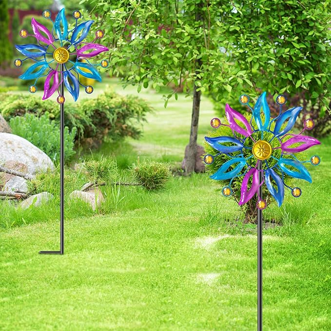2PCS Metal Wind Spinner Outdoor, Windmill Garden Decorations, Kinetic Wind Spinners Colorful Wind Sculpture Yard Art for Garden Patio Lawn Decor (2PC Single Turn B)