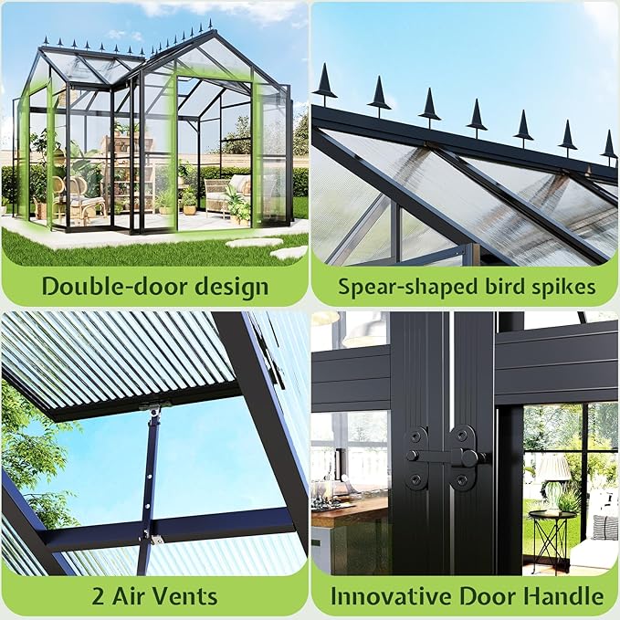 AMERLIFE 12x10x8 FT Hybrid Polycarbonate Greenhouse, Quick-Connect Aluminum Frame, Dual Roof Vents & Double Doors, Walk-in Backyard Greenhouse with Gutters, Black