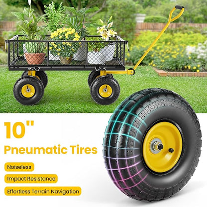TEANDE Garden Cart, Heavy Duty 880 Lbs Capacity Mesh Steel Garden Cart with Removable Sides to Convert into Flatbed, Utility Metal Wagon with 180° Rotating Handle and 10 in Tires