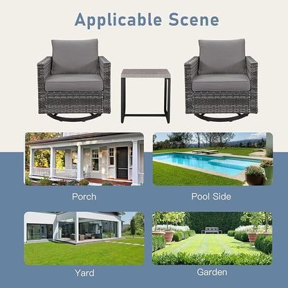 Outdoor Rocker Chairs - Patio Swivel Chair Set, Two Wicker Chairs with One Side Table, Grey