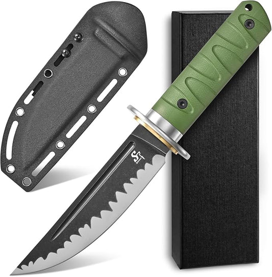 Sitivien ST29 Fixed Blade Knife, AUS-10 Steel Blade G10 Handle Full Tang Bowie Knife for Outdoor Camping Hunting Fishing Working(Green)