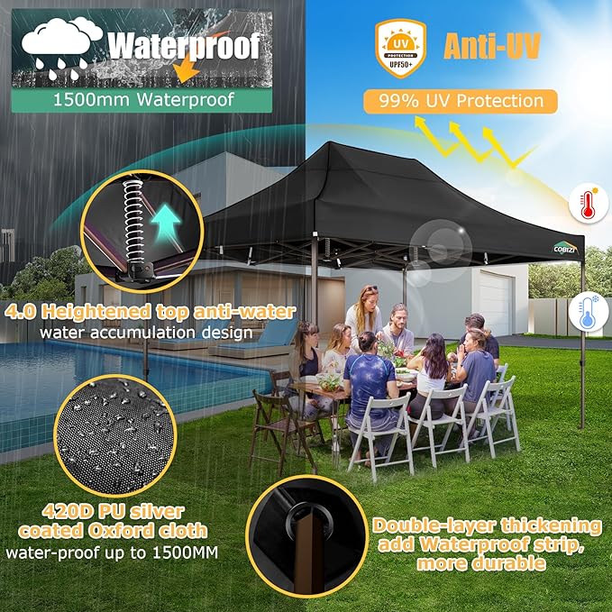 COBIZI 10x15 Pop Up Heavy Duty Canopy with 4 Sidewalls and Hexagonal Legs, Easy up Tent for Parties, Commercial and Wedding, Outdoor Canopy with Roller Bag, Sand Bags, Waterproof & UPF50+ (Black)