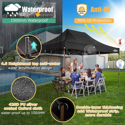 COBIZI 10x15 Pop Up Heavy Duty Canopy with Upgrated Hexagonal Legs, Easy up Tent for Parties, Commercial and Wedding, Outdoor Canopy with Roller Bag, Sand Bags, Waterproof & UPF50+ (Black)