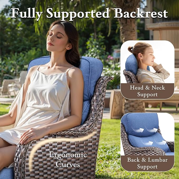 Luxury High Back Outdoor Furniture with 6-inch Extra Thick Cushions, Patio Furniture Set with Fire Pit Table & Swivel Chairs, 7 PCS Wicker Conversation Set for Yard, Deck, Poolside, Brown/Blue