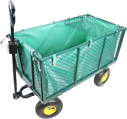 Heavy Duty Garden Wagon with Foldable Sides, Pneumatic Tires, Adjustable Handle (Green + Cloth Pocket)
