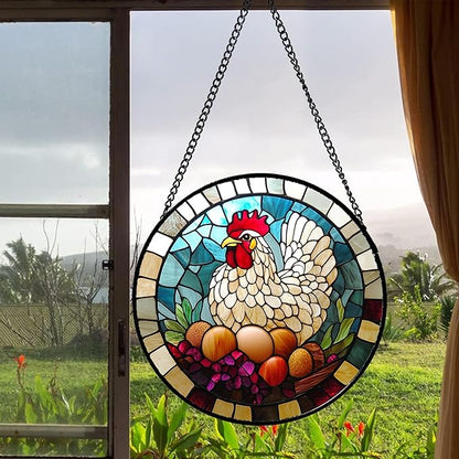 Stained Glass Window Hanging White Chicken Hatching Eggs Large 15" - Suncatcher Door Garden Sunroom Sun Catcher Home Decor Birthday Christmas for Mom Men Woman Nana
