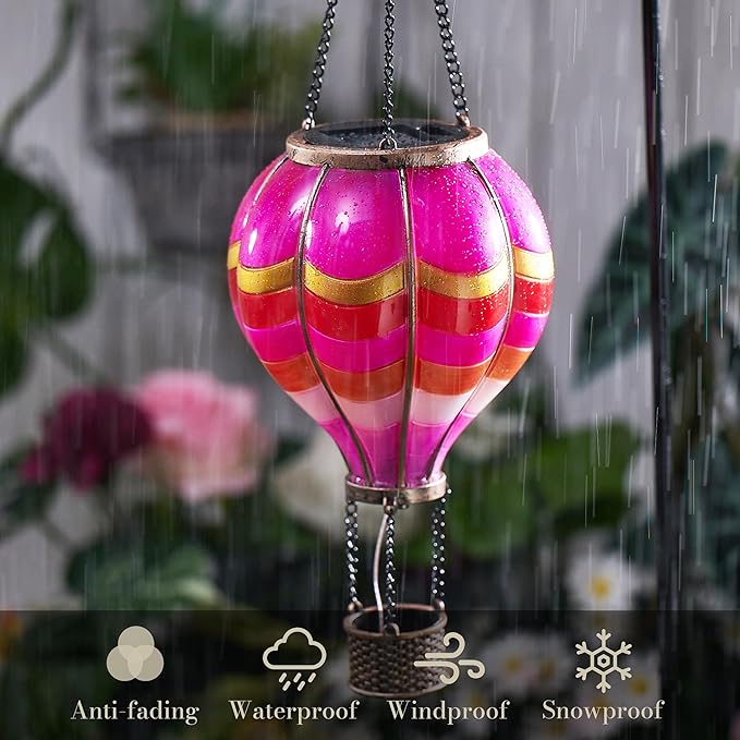 TERESA'S COLLECTIONS Hot Air Balloon Solar Lantern for Valentines Day Garden Decor,Hanging Flickering Flame Outdoor Lights for Trees, Pink Decorations for Party Gift for Mom