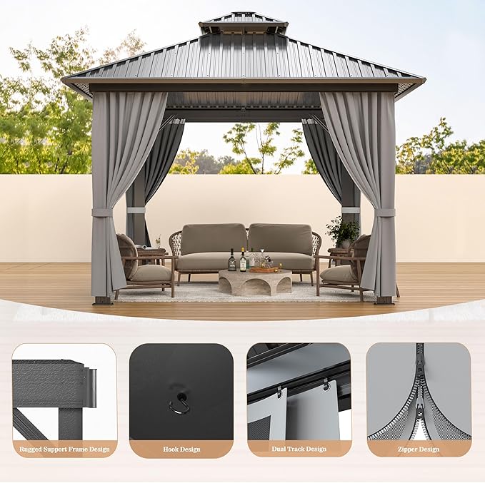 WKM 10x10 FT Hardtop Gazebo with Heavy Duty Galvanized Steel Double Roof, Aluminum Frame Permanent Pavilion with Curtains and Netting, Outside Canopy Gazebo for Patio, Deck and Backyard, Grey
