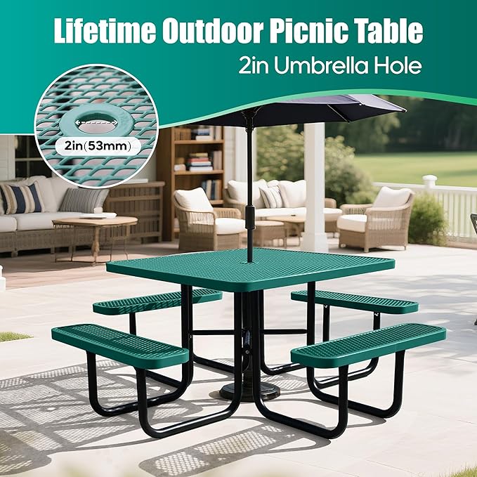 8-Person Picnic Tables for Outdoors, Industrial 46" Expanded Metal Square Picnic Table with 4 Benches & Umbrella Hole, Outside Table and Bench Set for Garden, Backyard, Porch, Patio, Green