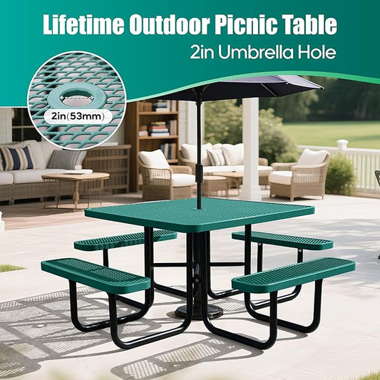 8-Person Picnic Tables for Outdoors, Industrial 46" Expanded Metal Square Picnic Table with 4 Benches & Umbrella Hole, Outside Table and Bench Set for Garden, Backyard, Porch, Patio, Green
