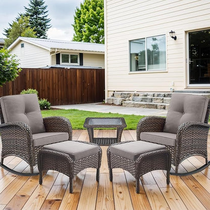 HUMMUH 5 Pieces Wicker Patio Furniture Set,Outdoor Rocker Chairs,Patio Ottomans,Glass Top Side Table,Outdoor Conversation Set for Porch Deck Backyard Poolside