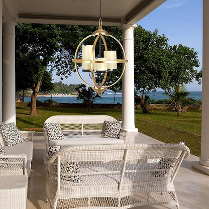 SUNNYPARK Battery Operated Outdoor Candle Chandelier - Gold and Black Metal Globe Hanging Pendant Light with 3 Flameless Candles, 12.6" Waterproof Lights for Gazebo, Pergola, Garden, Porch & Backyard