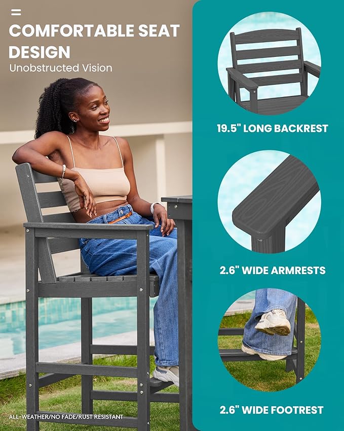 SERWALL Outdoor Bar Table and Chairs Set, Adirondack Bar Chairs Set of 2 and Bar Height Table, All Weather HDPE Outdoor Patio Bar Set, Outdoor Furniture for Outside, Poolside, Backyard, Garden, Grey