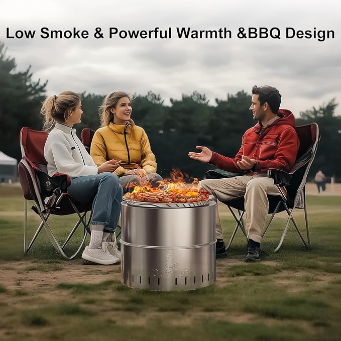 15.5 inch Stainless Steel Smokeless Fire Pit with Grill, Outdoor Smokeless Firepit, Wood Burning Fire Pits for Camping, Bonfire, Low Smoke Firepit for Outside (Vertical Hole)