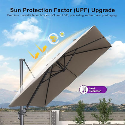 PURPLE LEAF 9 FT Outdoor Umbrella with Base Patio Cantilever Aluminum Umbrella with 3 Years Fade Resistance Recycled Fabric Offset Square with 360-degree Rotation for Deck Pool Garden, Ash Mocha