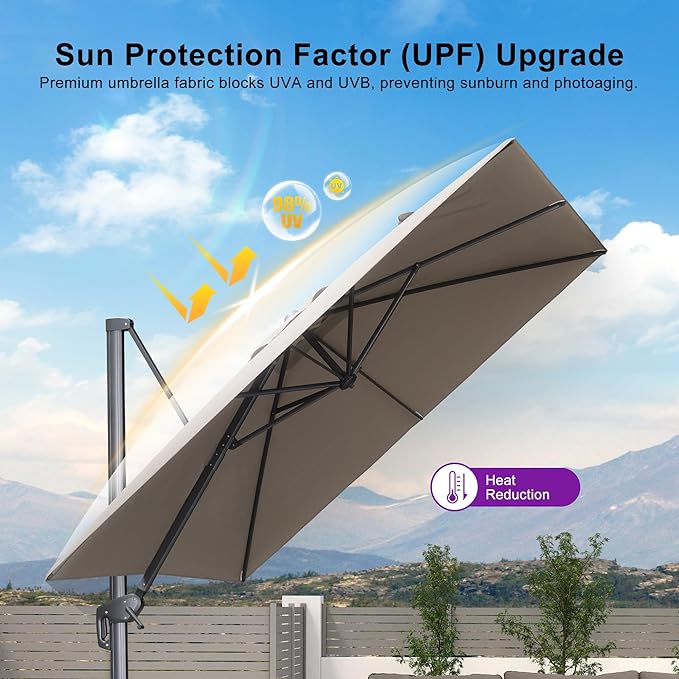 PURPLE LEAF 10 FT Outdoor Umbrella with Base Patio Cantilever Aluminum Umbrella with 3 Years Fade Resistance Recycled Fabric Offset Square with 360-degree Rotation for Deck Pool Garden, Ash Mocha