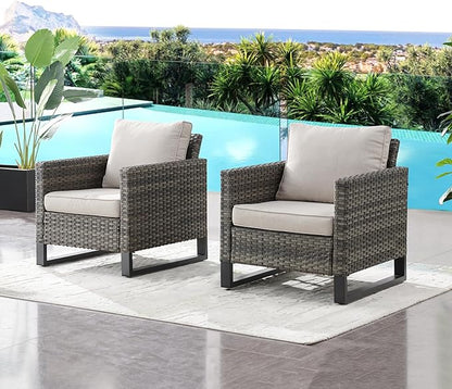 HUMMUH Outdoor Chairs PE Wicker Patio Dining Chairs Set of 2 High Back Metal Frame Porch Chairs with 4 inch Seat Cushions