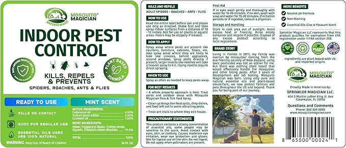 Mosquito Magician Indoor Pest Spray – Design for Indoor Use to Neutralize Spiders, Roaches, Ants & Flies with Plant-Sourced Essential Oils, Efficient Ready to Use Home Pest Spray – Mint, 16 OZ