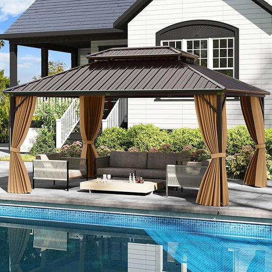 Tangkula 12x16 FT Hardtop Gazebo, Aluminum Permanent Pavilion Shelter with Curtains & Netting, Heavy-Duty Double Galvanized Metal Roof, Large Outdoor Gazebo for Patio Garden Deck Lawn Backyard