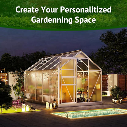 10x6ft Polycarbonate Greenhouse, Heavy Duty Walk-in Aluminum Greenhouse for Outdoors, with Ventilation Window, Sliding Door, Rain Gutter, Green House for Plants Backyard Silver