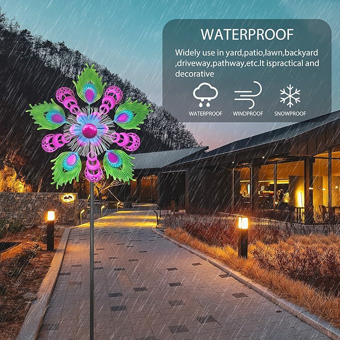 Solar Peacock Wind Spinners for Yard & Garden - 40 Inch Metal Wind Sculpture, Kinetic Windmill with Multi Color LED Lights, Lawn & Patio Art Decor