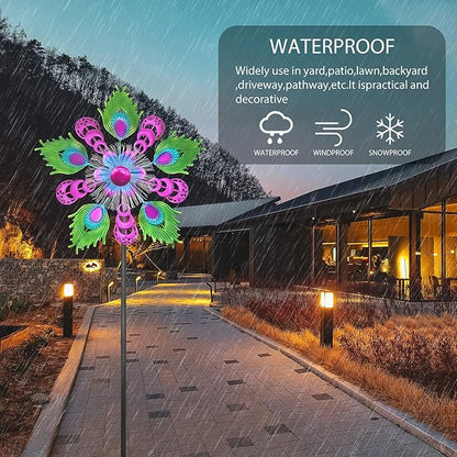 Solar Peacock Wind Spinners for Yard & Garden - 40 Inch Metal Wind Sculpture, Kinetic Windmill with Multi Color LED Lights, Lawn & Patio Art Decor