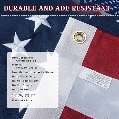 American Flag 3x5 Ft Indestructible Outdoor, Long Lasting, Heavy Duty, TearProof Polyester, Fade Resistant, High Wind US Outside Flags with Embroidered Stars, Sewn Stripes, Brass Grommets