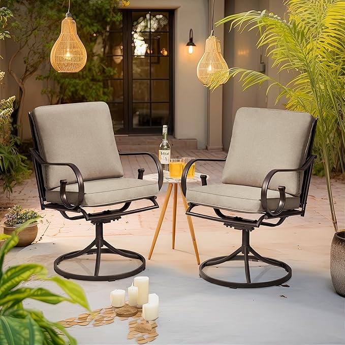 MELLCOM Patio Swivel Chair Set of 4, Heavy Duty Outdoor Dining Chairs with Thickened Cushions, Metal Patio Chairs Gentle Rocker for Outside, Garden Lawn & Porch, Backyard, Khaki
